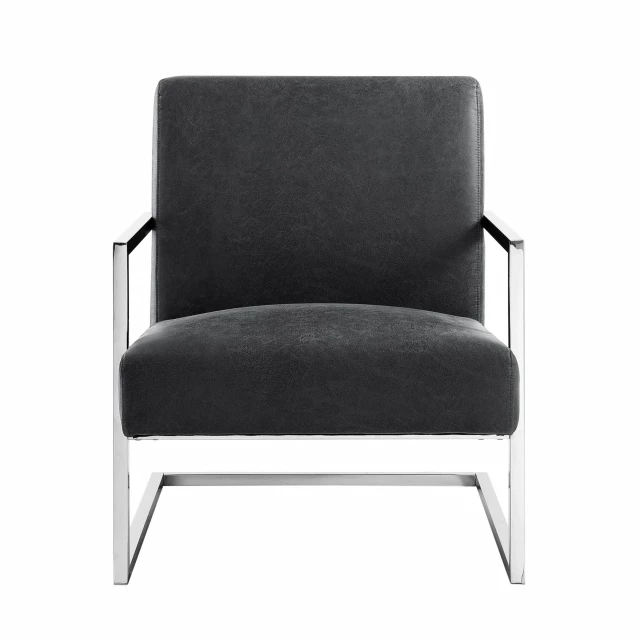 Charcoal silver faux leather arm chair with wood armrests and metal accents