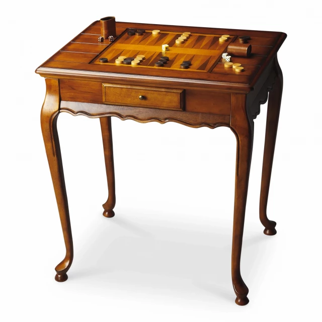 Olive ash burl game table with wood stain and varnish finish