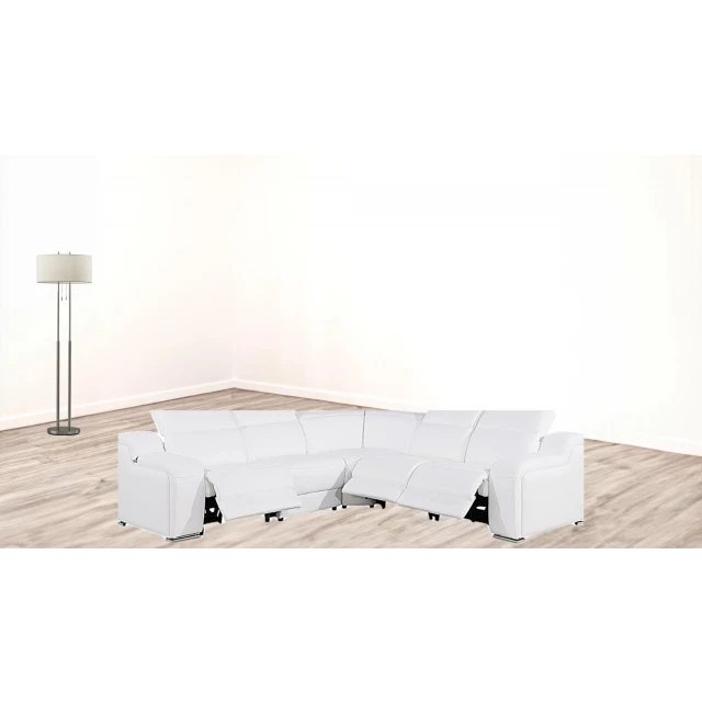 Power reclining curved five corner sectional in beige with comfortable wood and automotive design accents