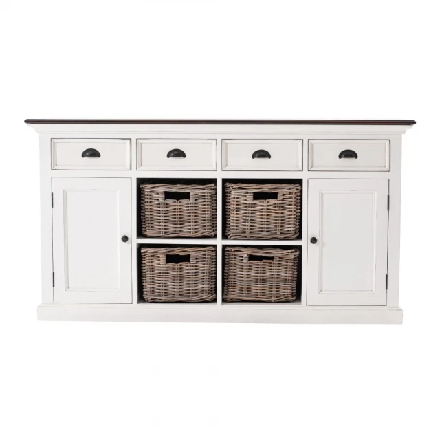 Farmhouse brown white buffet server with baskets wood cabinetry and drawers