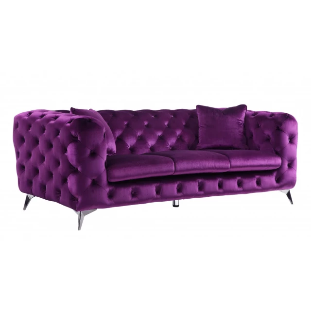 Purple silver velvet sofa with comfortable pillows and sofa bed feature