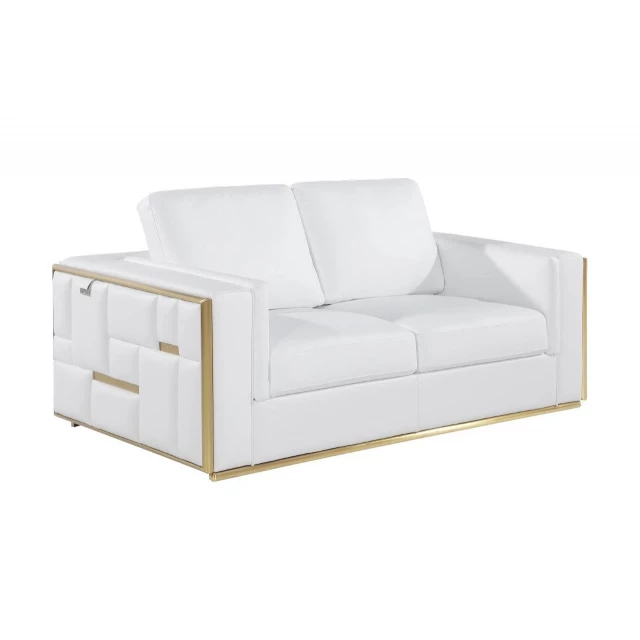White silver metallic leather loveseat with comfortable armrests and modern design