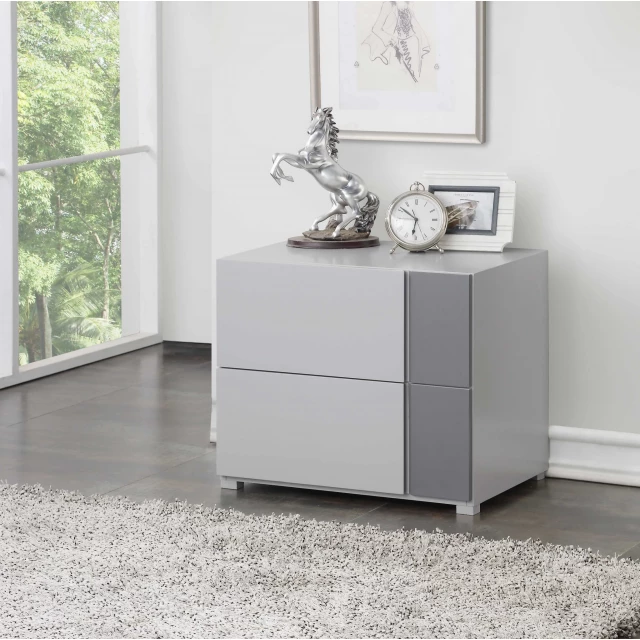 Light grey dark grey nightstand with wood finish and minimalist interior design elements