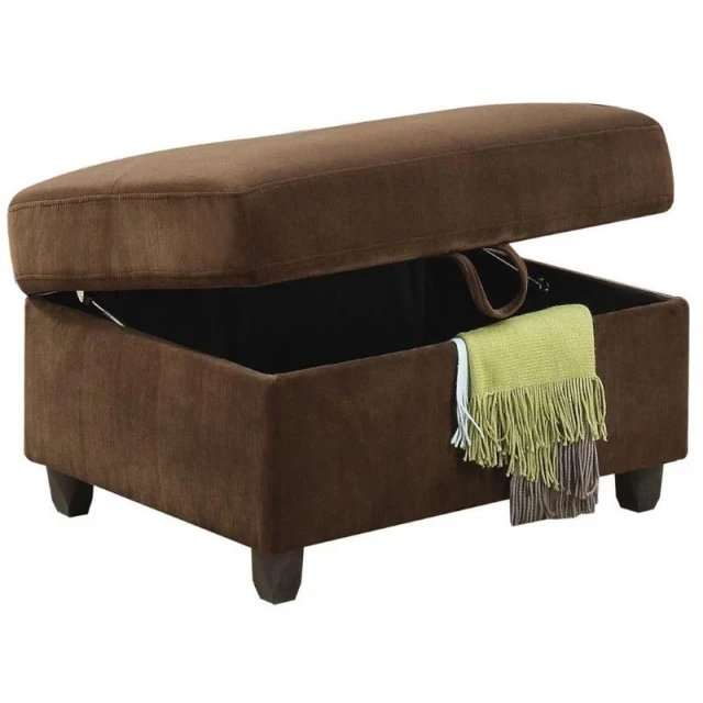 Chocolate velvet storage ottoman with hinged lid and wood accents