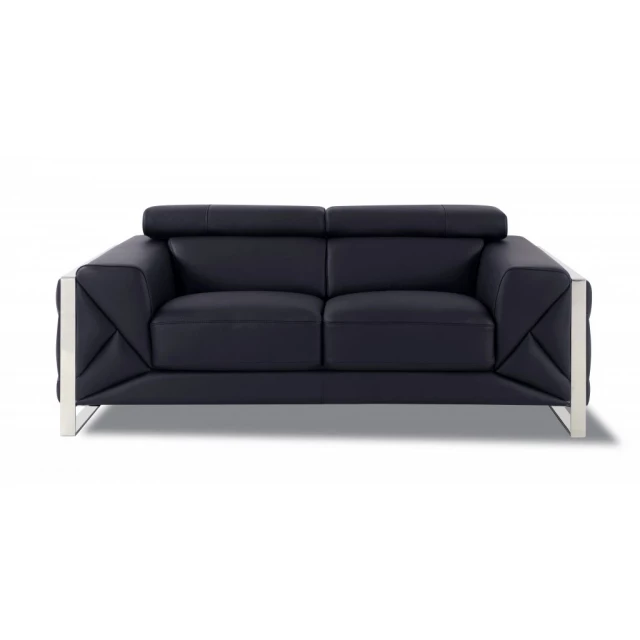 Black silver Italian leather loveseat with comfortable studio couch design and modern furniture aesthetic