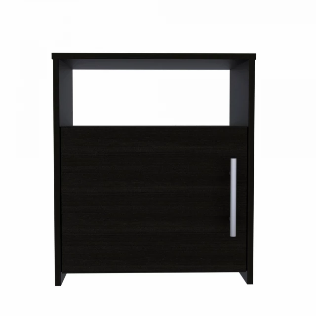 Black cabinet faux wood nightstand with symmetrical design and electric blue accents