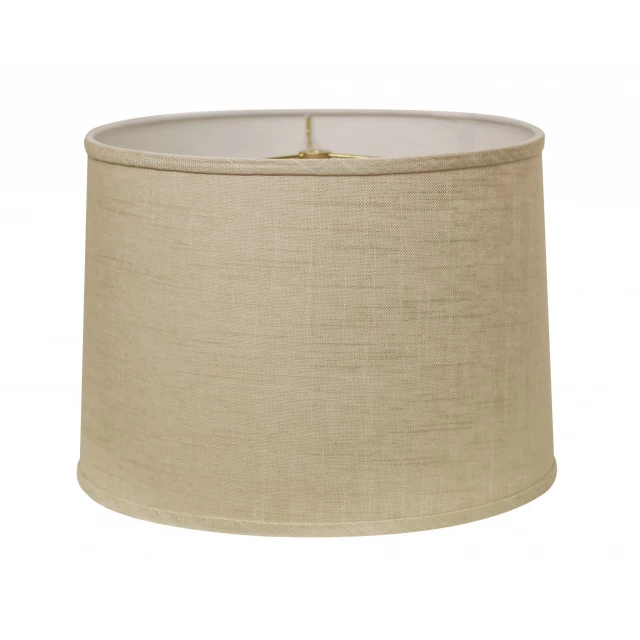 Light wheat throwback drum linen lampshade with wood and metal elements