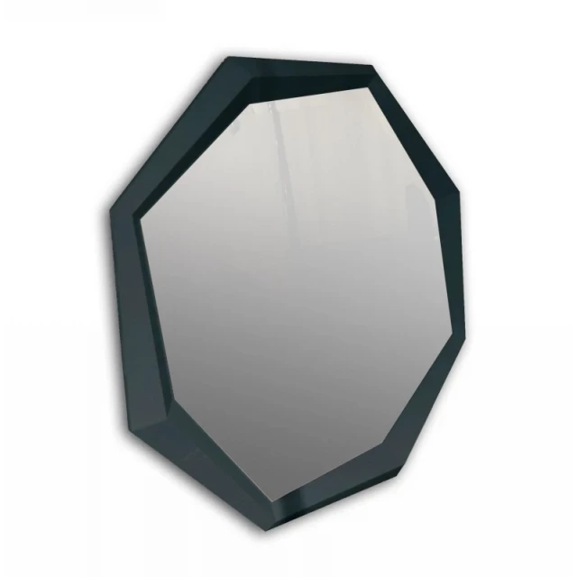 Black crocodile lacquer mirror product image featuring electric blue logo graphics and symmetrical design