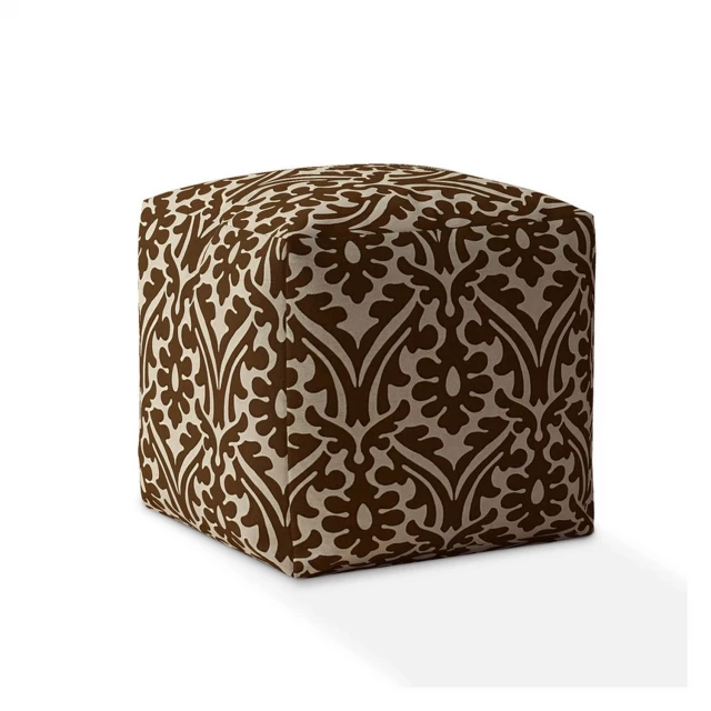 Brown cotton damask pouf ottoman with beige motif pattern