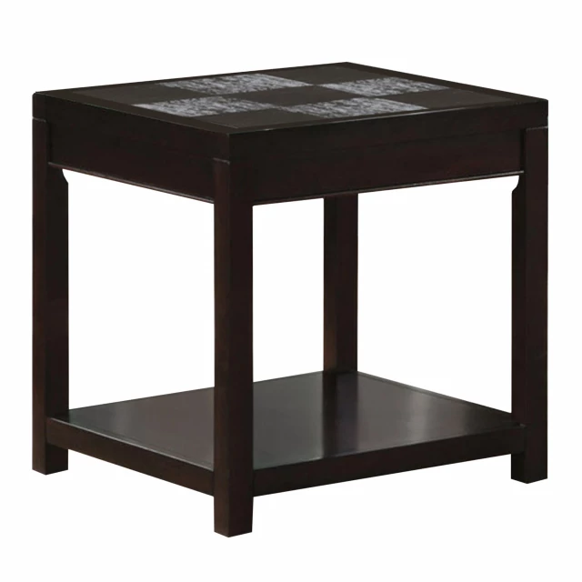 Espresso rectangular coffee table with wood stain finish and pedestal base in outdoor setting