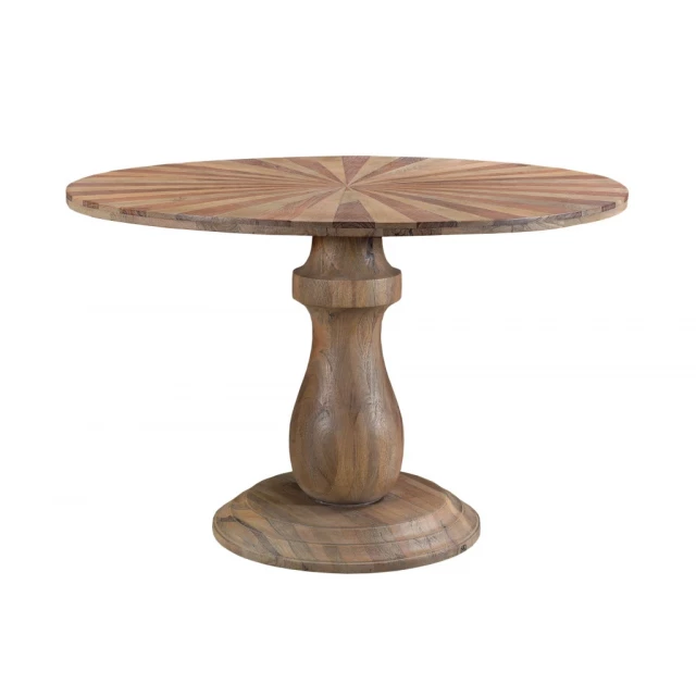Brown solid wood starburst dining table with pedestal base