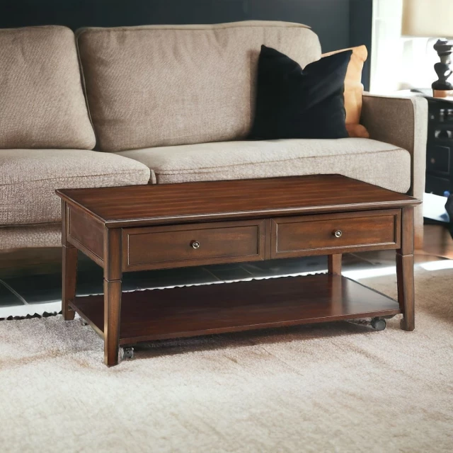 Wood rectangular lift coffee table with shelf in a cozy interior design setting