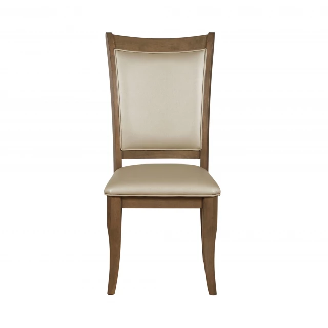 Beige upholstered faux leather dining chairs with wood accents and comfortable design