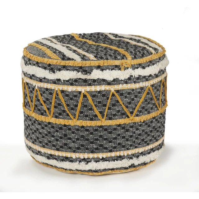 Black cotton ottoman with patterned design and metal accents