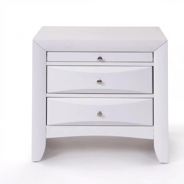 Elegant white nightstand with drawers and metal handles