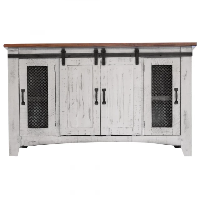 Distressed wood TV stand with enclosed cabinet storage and rectangle table facade