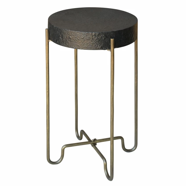 Black gold side table with metal legs and wood accents in a modern design
