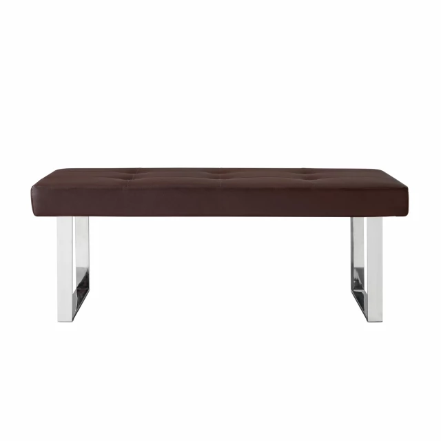 Brown silver upholstered faux leather bench with wood accents in a furniture setting