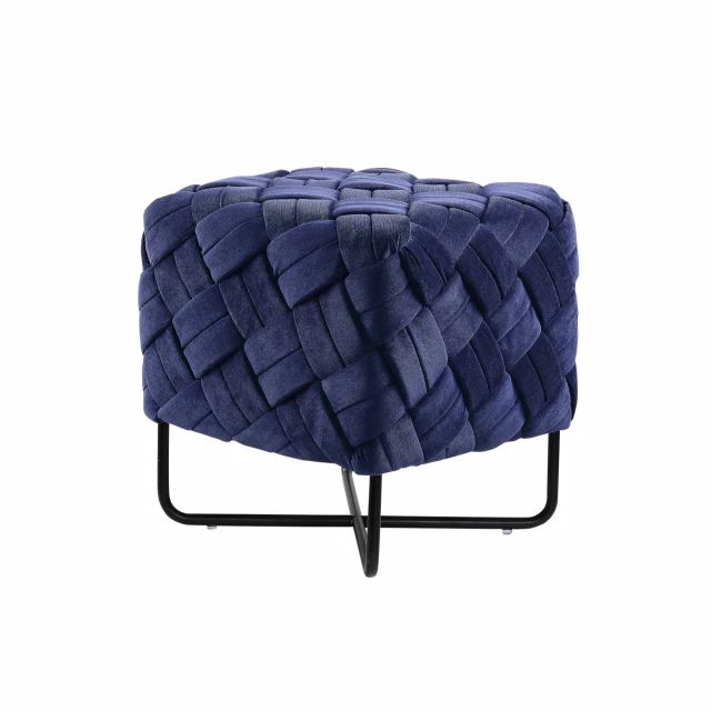Navy blue velvet black cube ottoman with metal accents and comfortable electric blue patterned fabric