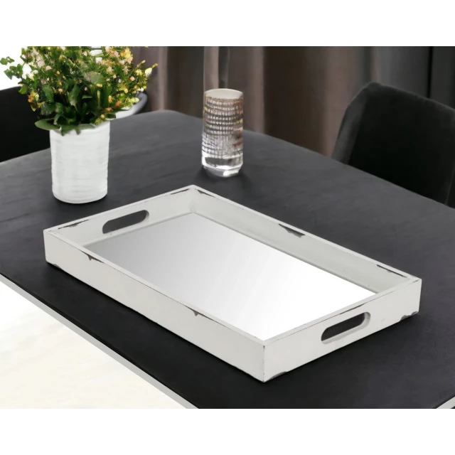 white wood indoor outdoor tray with handles on table with plant and flowerpot