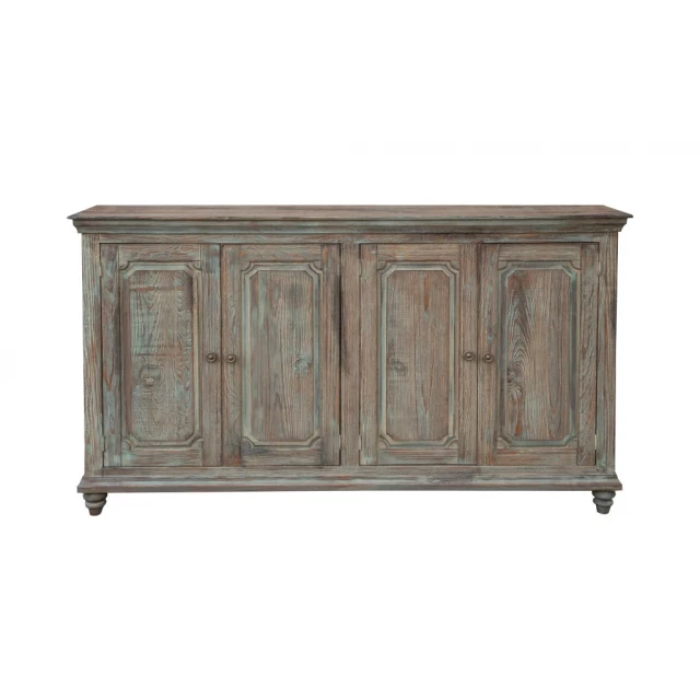 Green solid manufactured wood distressed credenza with drawers and cabinetry