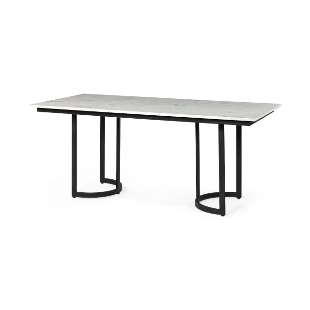 Modern marble metal dining table with rectangle shape and wood stain parallel lines surrounded by plants