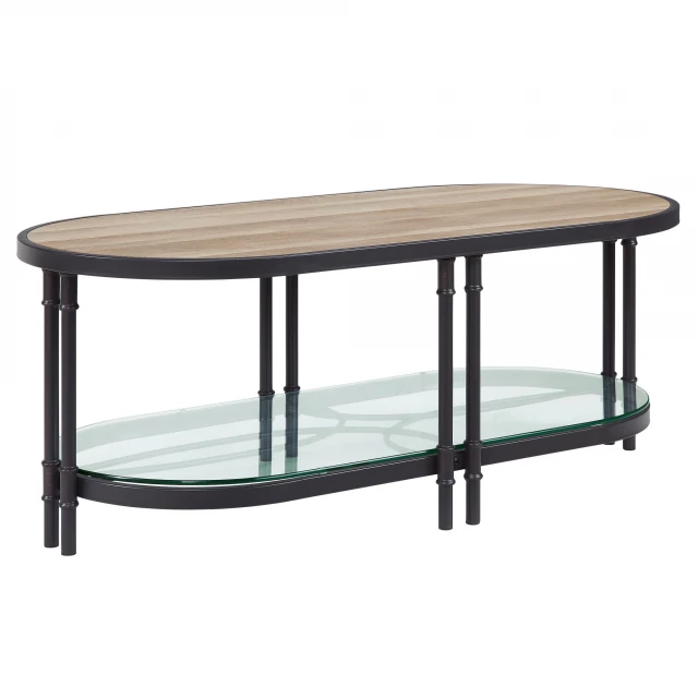 Veneer metal oval coffee table with shelf and natural wood and metal materials