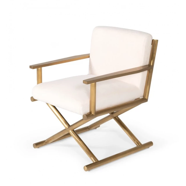 White Sherpa gold directors arm chair with wood armrests and comfortable natural material