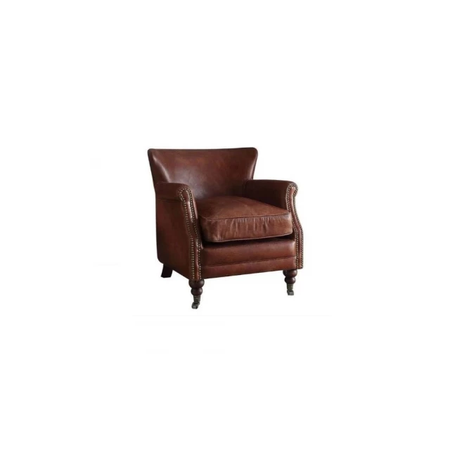 Grain leather brown solid wingback chair with armrests and hardwood legs