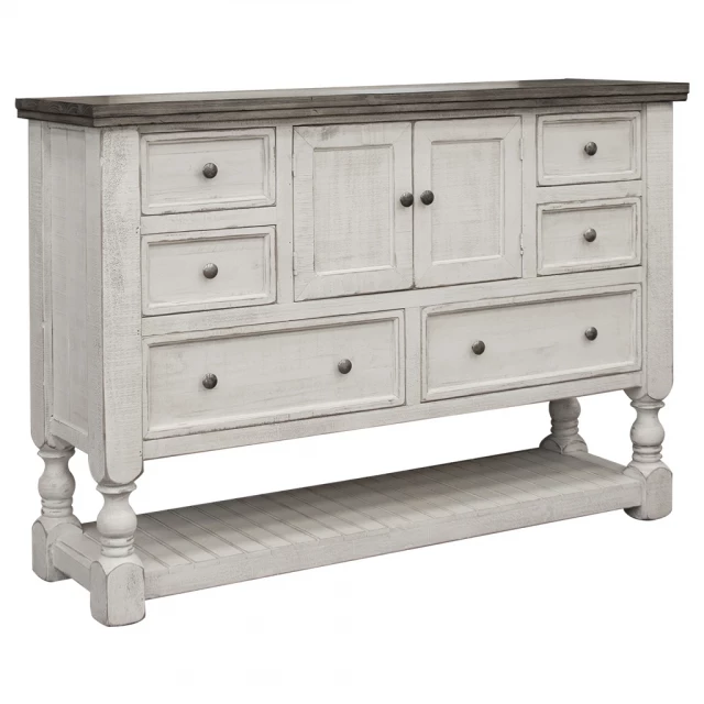 Solid wood six drawer triple dresser in a well-lit room setting