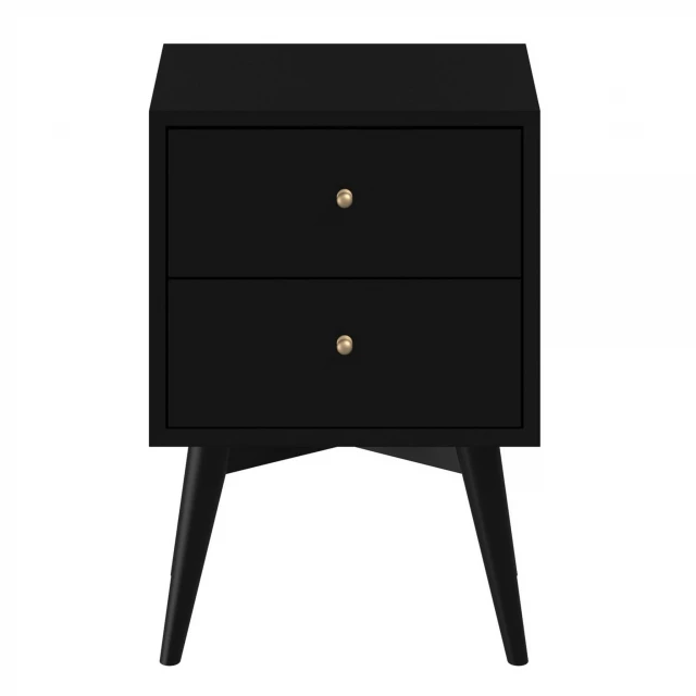 Black century modern wood drawer nightstand furniture with rectangular shape and chair in the background