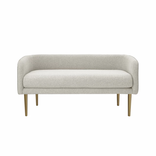 Cream brown upholstered linen bench with wood legs and comfortable rectangle seat for outdoor furniture