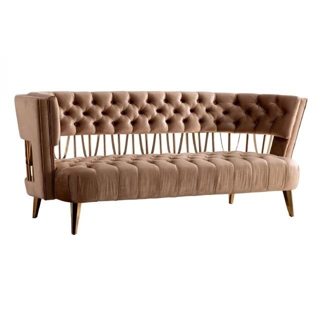 Tufted velvet gold open back sofa in a luxurious brown with comfortable rectangle studio couch design