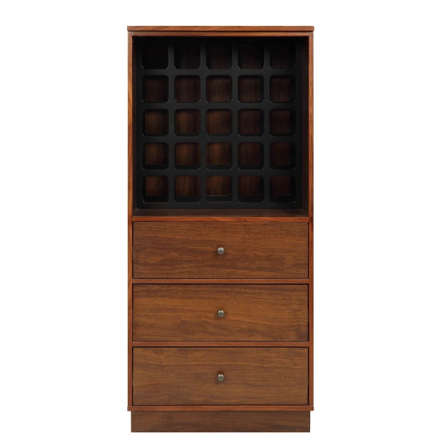 Brown standard display stand with drawers featuring wood varnish and hardwood details