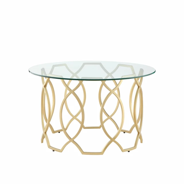 Gold glass iron round coffee table with elegant dishware on top