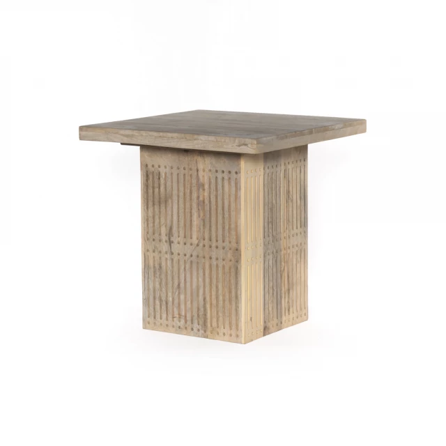 Ivory solid wood square end table with wood stain finish and plank design