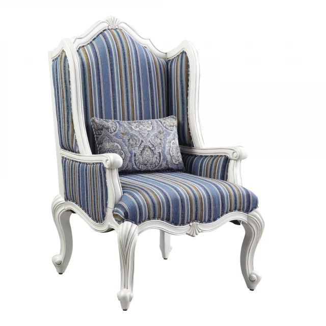 Brown fabric wingback chair with white stripes and armrests for comfortable seating