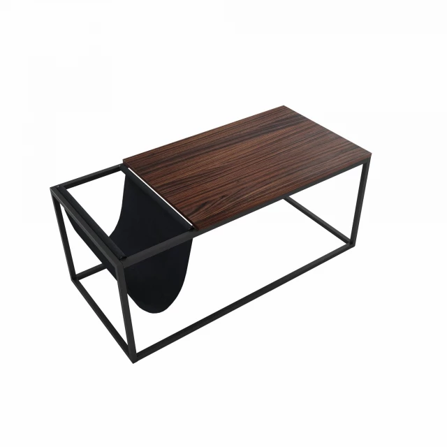Brown black metal coffee table with wood shelf and outdoor furniture aesthetic