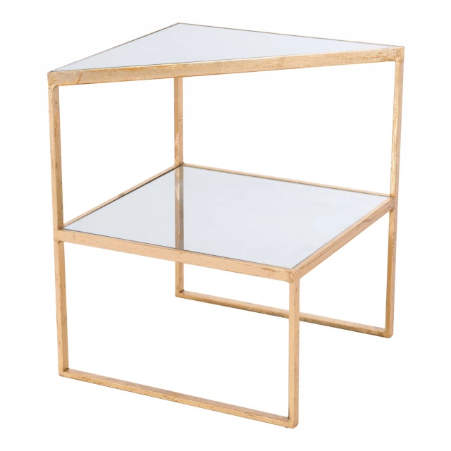 Gold clear glass rectangular end table with shelf and hardwood construction