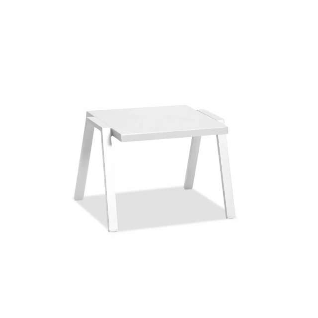 White aluminum side table with metal legs and a rectangular plywood top for outdoor use