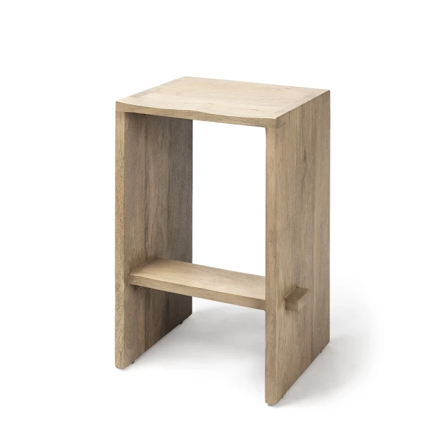 Wood backless counter height bar chair with rectangle shelf and plank details