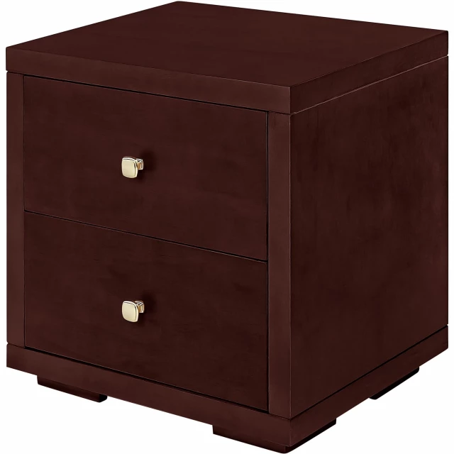 Espresso drawer nightstand with wood and metal accents in a bedroom setting