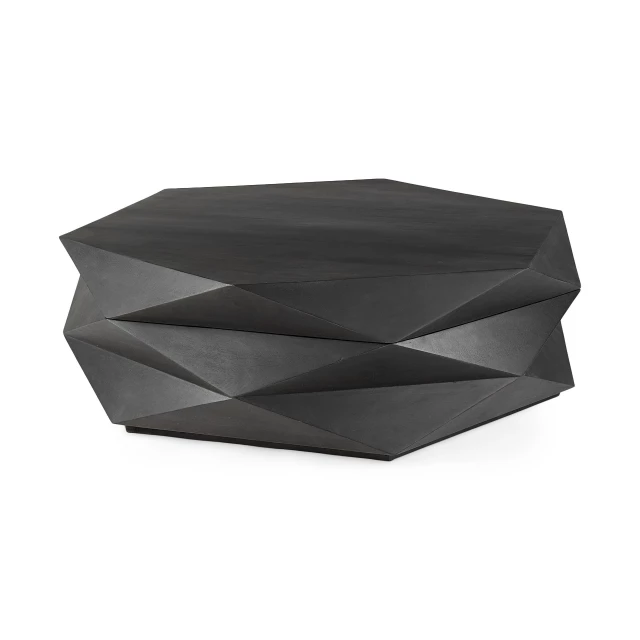 Geometric black solid wood coffee table with intricate design elements