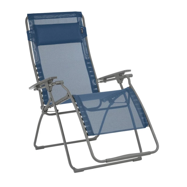 Blue gray metal zero gravity chair for relaxation and outdoor lounging