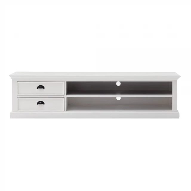 classic white entertainment unit with drawers and multimedia gadget accessories