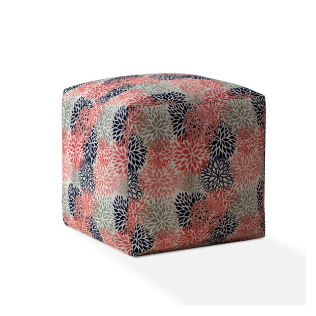 coral polyester floral pouf cover with art pattern and carmine tints