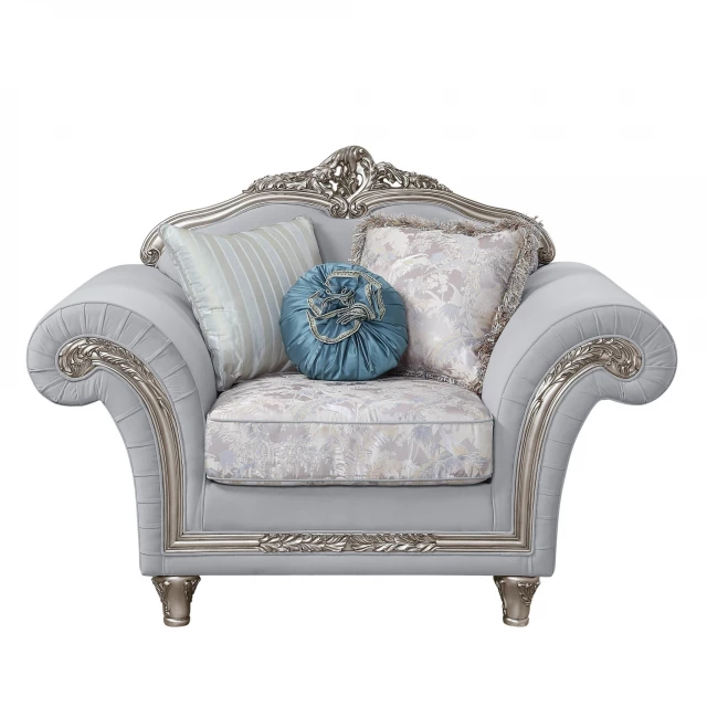 Gray linen platinum floral club chair with comfortable armrest and decorative pillows