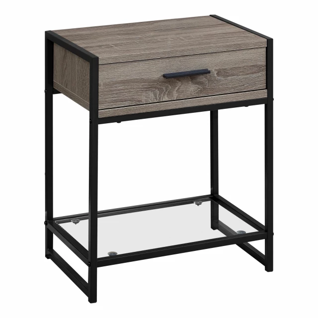 Deep taupe end table with drawer and shelf in hardwood and metal finish