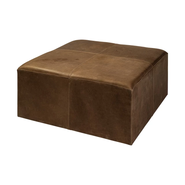 Brown faux leather cube ottoman with wood and brick accents