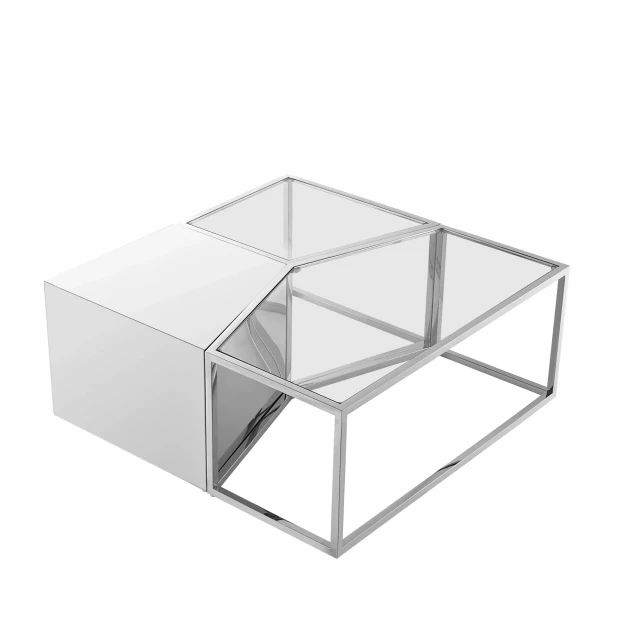 Stainless steel mirrored bunching coffee tables with symmetrical design and metal accents